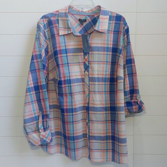 NEW Talbots Plaid Long Sleeve 100% Cotton Shirt Women's 22W Colorful Flip Cuff - Picture 2 of 8
